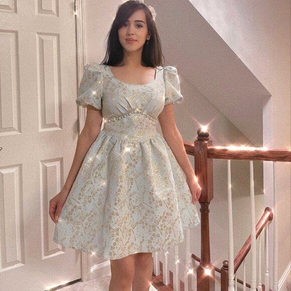 Light Blue Mini Puff Sleeve Dress - Picture 3 of 10